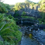 Overview of the pools and the evening crowd